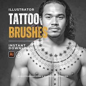 May include: A black and white photo of a man with a tattoo on his chest. The tattoo is a geometric design with a tribal feel. The text "ILLUSTRATOR TATTOO BRUSHES INSTANT DOWNLOAD Ai" is on the image.