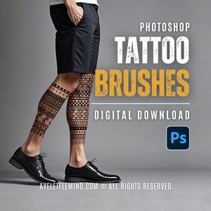 May include: Digital download advertisement for Photoshop tattoo brushes. The image shows a person wearing black shorts and shoes, with intricate tattoo designs on their legs. The text reads "Photoshop Tattoo Brushes Digital Download" with the Photoshop logo.