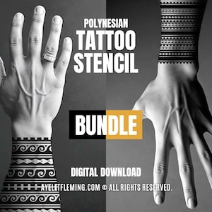 May include: Black and white image of a Polynesian tattoo stencil bundle. The image features two hands with intricate black and white tattoo designs on the wrists. Text includes "Polynesian Tattoo Stencil Bundle" and "Digital Download."
