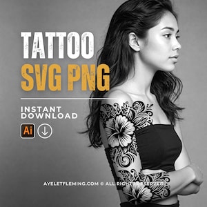 Hawaiian Hibiscus Flower Tattoo Stencil Design for Women, SVG and PNG Digital Tropical Art Files for Tattoo Artists and Creative Designers