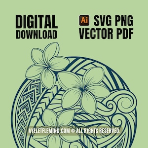 Hawaiian Circular Design Plumeria Flowers Spearhead Koru Vector SVG, Polynesian Tribal Tattoo Wreath, Digital PDF PNG Cricut Engraving Files
