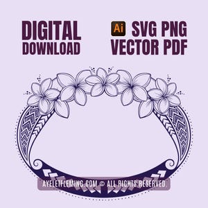 Puede incluir: Gráfico de descarga digital con un diseño floral, texto "DESCARGA DIGITAL" y "SVG PNG VECTOR PDF". El diseño presenta una corona floral y elementos decorativos de borde en morado oscuro sobre un fondo lila.