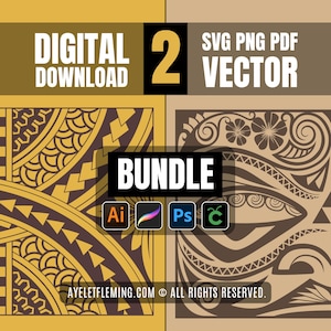 Hawaiian Tribal Stencil Vector SVG Bundle Duo, Polynesian Rectangular Geometric Pattern, PDF Transparent PNG Tattoo Cricut Procreate Artist