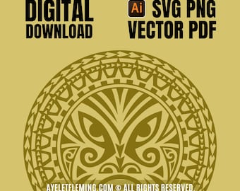Polynesian Enata Tiki Mask Vector SVG, Hawaiian Tattoo Tribal Stencil PDF Transparent PNG Design, Digital Template for Artists & Creatives