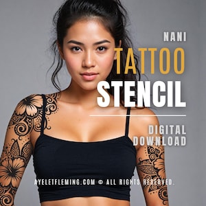 Tropical Hawaiian Hibiscus Flower Tattoo Stencil, Polynesian Tribal Body Art Sleeve Pattern, Vector PDF SVG PNG Digital Download Template