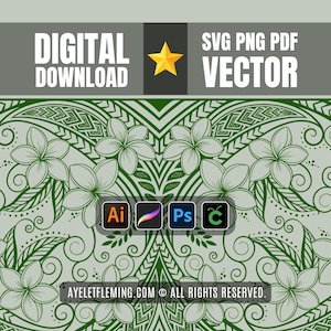 May include: Digital download vector graphic with a floral design in green and white. The image includes the text "DIGITAL DOWNLOAD" and "SVG PNG PDF VECTOR". Software icons for Adobe Illustrator, Photoshop, and CorelDRAW are also present.