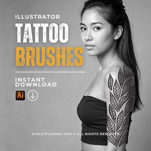 May include: Black and white image of a person with a tattoo on their arm. The tattoo is a geometric design of leaves. The text on the image reads "Illustrator Tattoo Brushes Instant Download Ai"