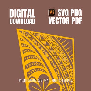 Puede incluir: Gráfico de descarga digital con un diseño tribal amarillo sobre un fondo marrón. El texto incluye "DESCARGA DIGITAL" y "SVG PNG VECTOR PDF". También se ve la dirección del sitio web "AYELETFLEMING.COM" y la información de derechos de autor.