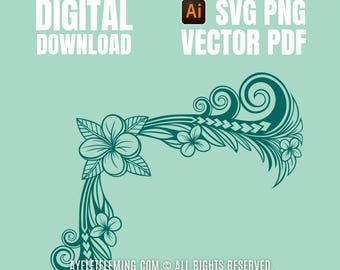 Esquina floral hawaiana vectorial SVG, flores tropicales polinesias, punta de lanza tribal PDF PNG, plantillas de tatuaje digitales, archivos de corte láser Cricut