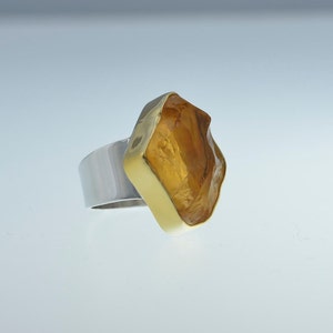 Citrine Ring,large raw citrine  One of a Kind Handmade in solid Gold and solid sterling  Silver