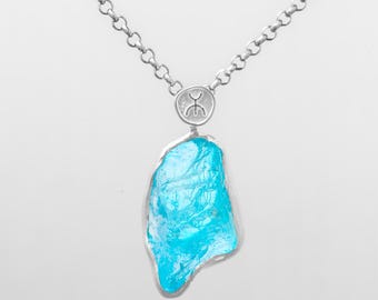 Blue Topaz Pendant Necklace Rustic Men Oxidized Silver 925 - Blue