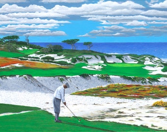 May include: A golfer swings a club on a golf course overlooking the ocean. The course is green and sandy with white sand dunes. The sky is blue with white clouds. The ocean is blue. The golfer is wearing a white shirt and khaki pants. The image is signed "Snyder 2022".