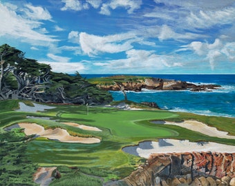 May include: A painting of a golf course with a green fairway, sand traps, and a rocky coastline in the background. The sky is blue with white clouds. The painting is signed "Snyder 2020".