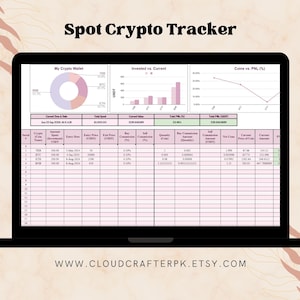 May include: A laptop screen displaying a spreadsheet with the title "Spot Crypto Tracker". The spreadsheet includes columns for crypto name, amount spent, entry date, entry price, exit price, buy commission, sell commission, quantity, buy commission amount, sell commission amount, net coins, current price of one, and current amount. The spreadsheet also includes a pie chart showing the distribution of crypto holdings and a line graph showing the change in the value of the crypto holdings over time.