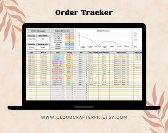 May include: A laptop screen displaying an "Order Tracker" spreadsheet. The spreadsheet shows order details, status, and a graph. The text "Order Tracker" is at the top. The website address www.cloudcrafterpk.etsy.com is at the bottom.