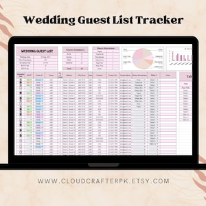 May include: A digital wedding guest list tracker spreadsheet with a pink and white color scheme. The spreadsheet includes columns for guest name, RSVP, address, dietary restrictions, and table number. The spreadsheet also includes a summary of the guest list and a pie chart showing the dietary restrictions of the guests.