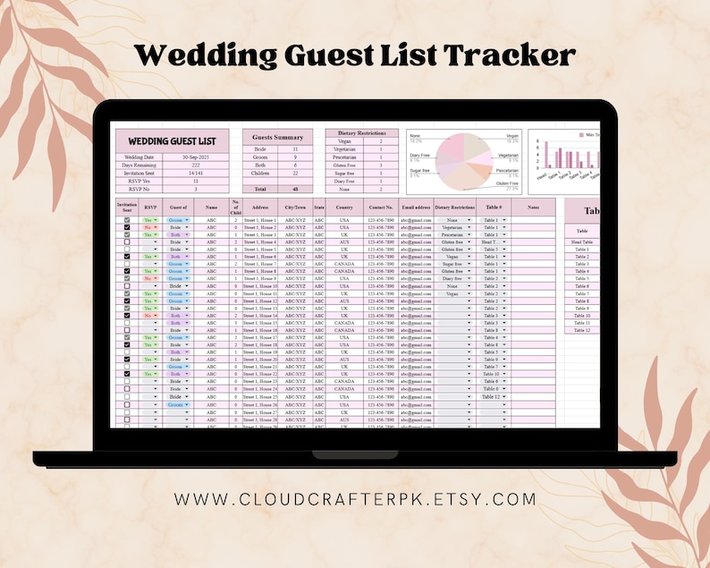 K&ouml;nnte beinhalten: Eine digitale Hochzeitsg&auml;steliste-Tracker-Tabelle mit einem rosa-wei&szlig;en Farbschema. Die Tabelle enth&auml;lt Spalten f&uuml;r den Gastnamen, RSVP, Adresse, Ern&auml;hrungseinschr&auml;nkungen und Tischnummer. Die Tabelle enth&auml;lt auch eine Zusammenfassung der G&auml;steliste und ein Kreisdiagramm, das die Ern&auml;hrungseinschr&auml;nkungen der G&auml;ste zeigt.