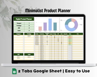 May include: A laptop displaying a digital product planner spreadsheet. The screen shows charts, tables, and the text "Minimalist Product Planner." The spreadsheet includes sections for design, prototype, SEO, and listing, with the text "2 Tabs Google Sheet | Easy to Use."