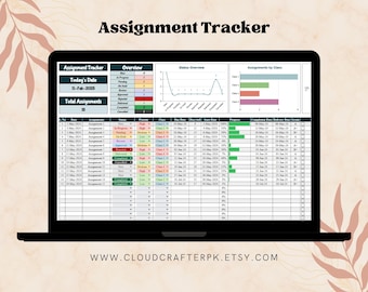 Może przedstawiać: Ekran laptopa wyświetlający arkusz kalkulacyjny zatytułowany "Assignment Tracker". Arkusz kalkulacyjny zawiera kolumny dla numeru zadania, daty, nazwy zadania, priorytetu, klasy, terminu, dni do terminu, daty rozpoczęcia, postępu, daty zakończenia, daty dostarczenia i oceny. Arkusz kalkulacyjny jest uporządkowany według numeru zadania i zawiera wizualną reprezentację postępu każdego zadania.