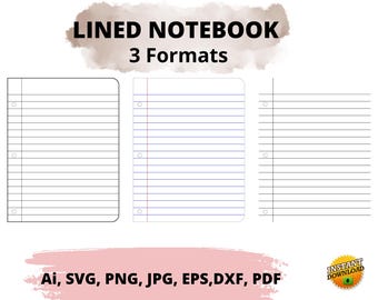 Lined notebook paper digital bundle: SVG, PNG, PDF, Jpg, Dxf, eps | School paper Cut file, Printable Ruled template, Clipart & Scrapbook