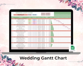 May include: A laptop displays a wedding Gantt chart for Emily and Daniel, with a detailed schedule of tasks, dates, and progress percentages. The screen is surrounded by a floral design, with the words "Wedding Gantt Chart" at the bottom.