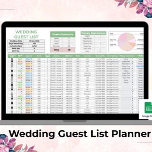 May include: A laptop screen shows a wedding guest list planner spreadsheet. The display includes guest details, dietary needs, and a guest summary. The words "Wedding Guest List Planner" are at the bottom of the screen.