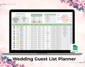 Wedding guest list Google Sheets, Wedding invitations checklist, Wedding invitation template, wedding seating arrangement, wedding tracker