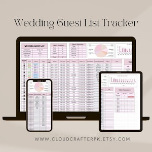 K&ouml;nnte beinhalten: Eine digitale Hochzeitsg&auml;steliste-Tracker-Tabelle mit einem rosa-wei&szlig;en Farbschema. Die Tabelle enth&auml;lt eine G&auml;steliste, Tischzuweisungen, Ern&auml;hrungseinschr&auml;nkungen und eine Tisch&uuml;bersicht. Die Tabelle wird auf einem Laptop, Tablet und Telefon angezeigt.