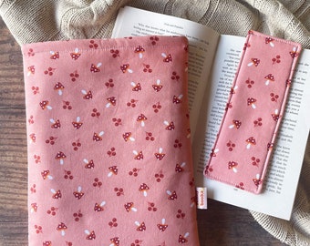 Pink mushrooms book sleeve, cherry padded book protector cover, book pouch, bookish gift idea, book and kindle accessories, Christmas gift