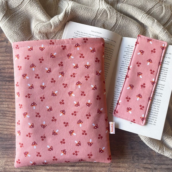 Pink mushrooms book sleeve, cherry padded book protector cover, book pouch, bookish gift idea, book and kindle accessories, Christmas gift