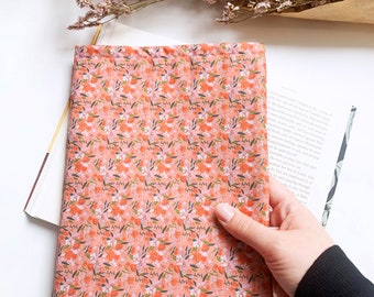 Floral ditsy book sleeve, kindle cover, orange, booksleeve for paperback and hardcover, dust jacket, bookworm gifts, christmas gift