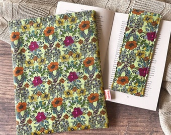 Floral book and kindle sleeve, kindle cover, green booksleeve for paperback and hardcover, dust jacket, bookworm gifts, christmas gift