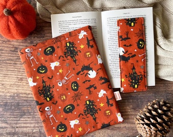 Halloween Buchhülle, Kindle Hülle, Buchhülle für Taschenbuch und Hardcover, orange gruseliger Schutzumschlag, Bücherwurm Geschenke, Weihnachtsgeschenk