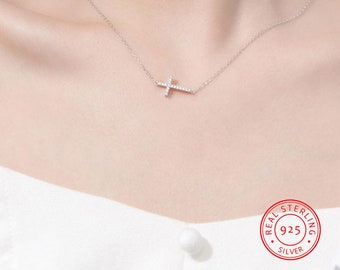 925 Silver Sideways Cross Necklace with Cubic Zirconia Anti-tarnish Sideways Cross Necklace with Cross Pendant Daisy Necklace Adjustable