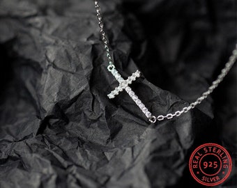 925 Silver Sideways Cross Necklace with Cubic Zirconia Anti-tarnish Sideways Cross Necklace with Cross Pendant Daisy Necklace Adjustable