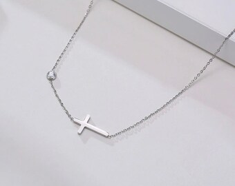 Silver Sideways Cross Necklace with Cubic Zirconia Anti-tarnish Sideways Cross Necklace with Cross Pendant Daisy Necklace Adjustable
