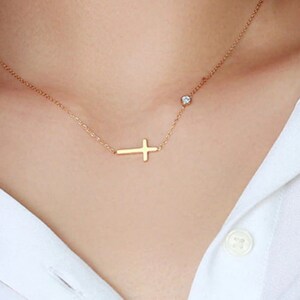 Gold Sideways Cross Necklace with Cubic Zirconia Anti-tarnish Sideways Cross Necklace with Cross Pendant Daisy Necklace Adjustable