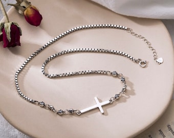 Silver Sideways Cross Necklace Anti-tarnish Sideways Cross Necklace with Cross Pendant Daisy Necklace