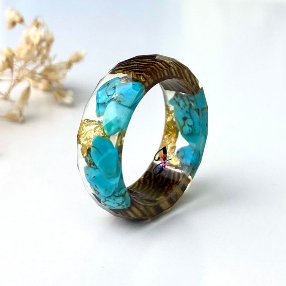 Wood Resin Ring Women Wedding Engagement Resin Band Dried Flowers