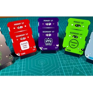 Puede incluir: Cinco marcadores de puntuación de juego multicolores. Cada marcador muestra los puntos de victoria primarios y secundarios, con un contador de turnos. Los marcadores son rojos, morados, verdes y grises. El marcador rojo tiene espacio para un logotipo personalizado.