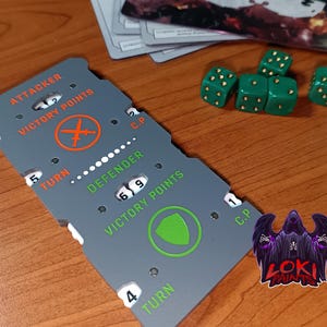May include: A gray board game tracker with orange text reading ATTACKER, VICTORY POINTS, and C.P., and green text reading DEFENDER, VICTORY POINTS, C.P., and TURN. It features white numbered dials, a sword icon, a shield icon, and four green dice.