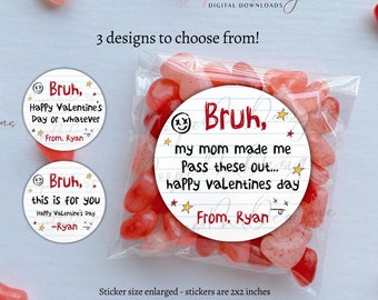 Bruh Valentine's Day Stickers, Boy Valentine, Tween Valentines, Funny Valentines for Kids, Classroom Valentine Labels Personalized Valentine
