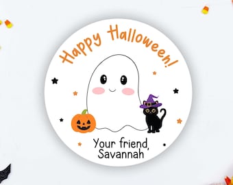 Halloween Stickers, Personalized Kids Cute Happy Halloween Label, 2 inch Round, Halloween Party Favor Stickers, Trick or Treat Labels