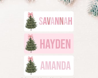 Personalized Christmas Gift Tags, Pink Christmas Tree Name Stickers, Custom Gift Label, Present Labels for Girls