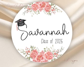 Graduation Stickers, Class of 2026, Pink Floral Graduation Labels