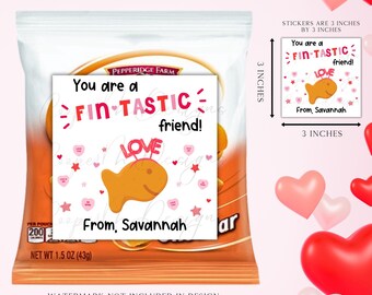 Goldfish Kids Valentine, Toddler Preschool Valentine Sticker,  Fish Cracker Goldfish Valentine Sticker, Non Candy, You're a Fintastic Friend