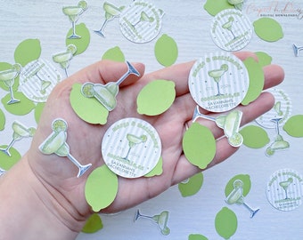 May include: Green and white confetti with a margarita glass and lime design. The confetti says "Margarita & Mayhem" and "Savannah's Bachelorette" with the date "ETS 2024".