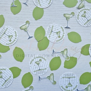 May include: Green and white confetti with a margarita theme. The confetti features a margarita glass with a lime wedge, a striped background, and the text "Margarita & Mayhem" and "Savannah's Bachelorette 2024".