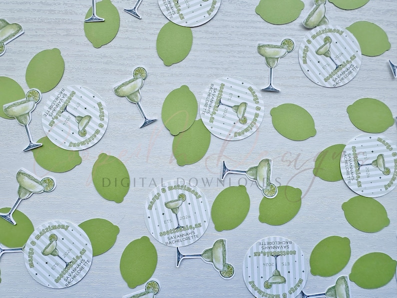 May include: Green and white confetti with a margarita theme. The confetti features a margarita glass with a lime wedge, a striped background, and the text "Margarita & Mayhem" and "Savannah's Bachelorette 2024".