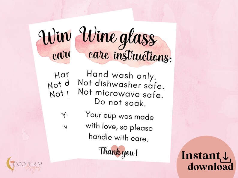 Wine Glass Cards | Washing Instructions | Wine Glass Care Card | Wine ...